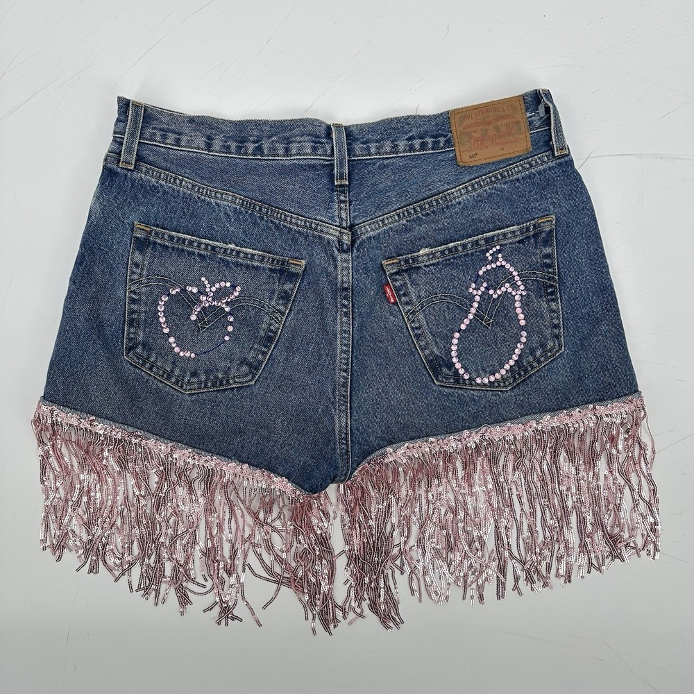 Levi's 501 Premium Custom Cutoff Shorts W30 Rhinestone Fringe Festival Y2K Denim - Picture 9 of 13